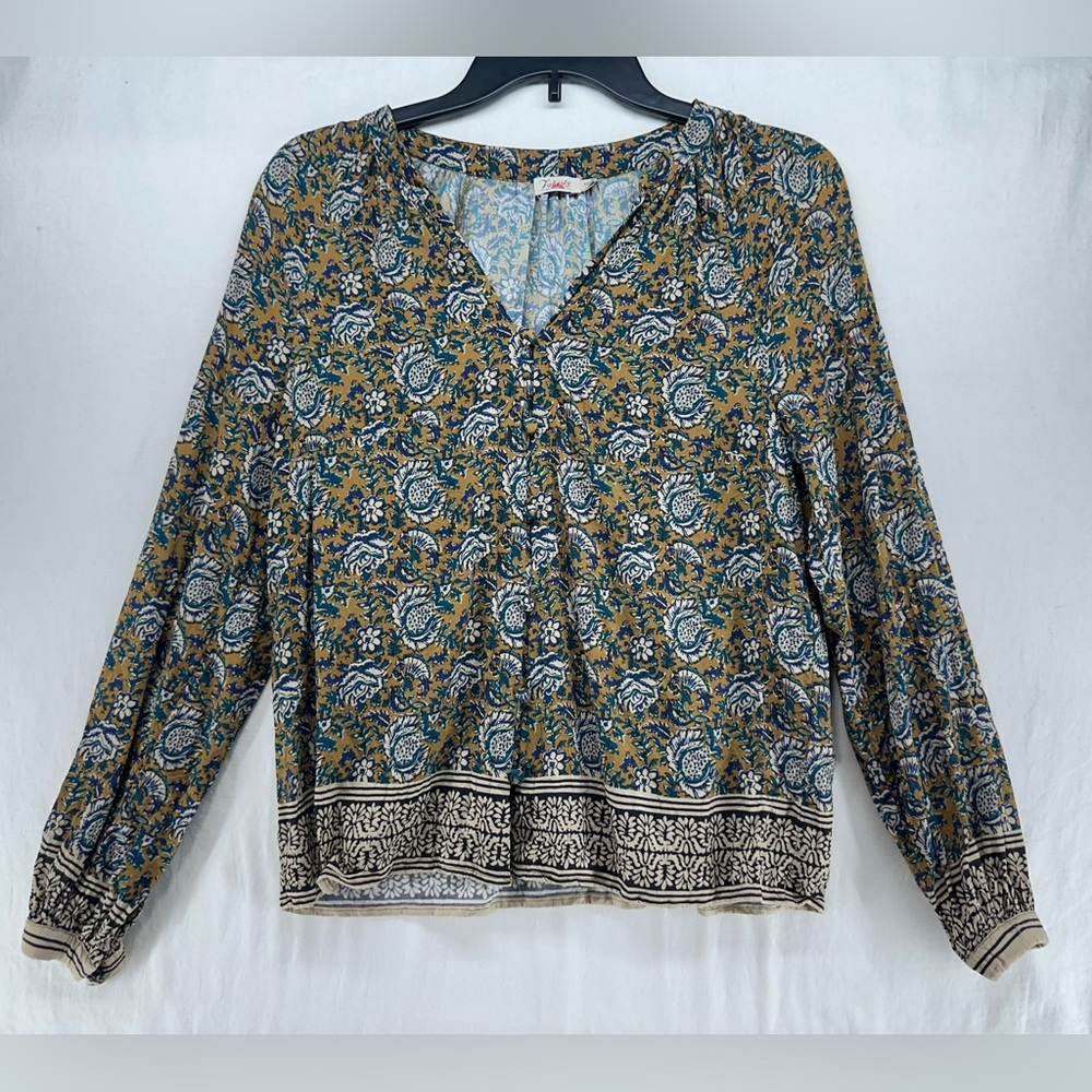 Faherty Naomi Top Fairfield Border Print Long Sleeve Button Up Blouse Women's XS
